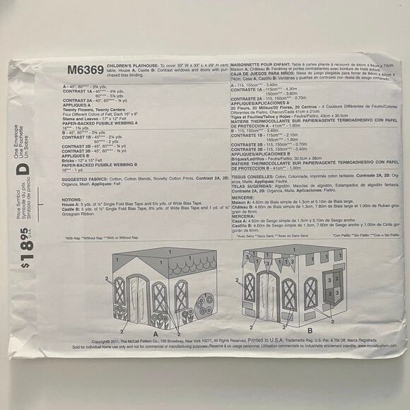 McCall's Craft Kid's Playhouse Castle Sewing Pattern M6369 Fits over card table - Picture 2 of 4